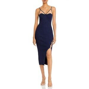 NICHOLAS Jules Rib Knit Cage Ring Hardware Dress Midnight Blue Size Large